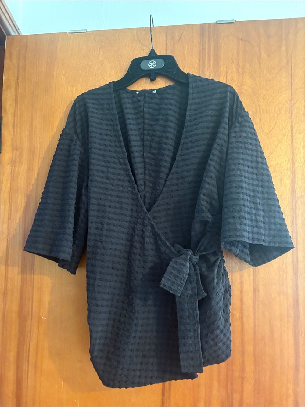 GANNI Black Textured Wrap Blouse